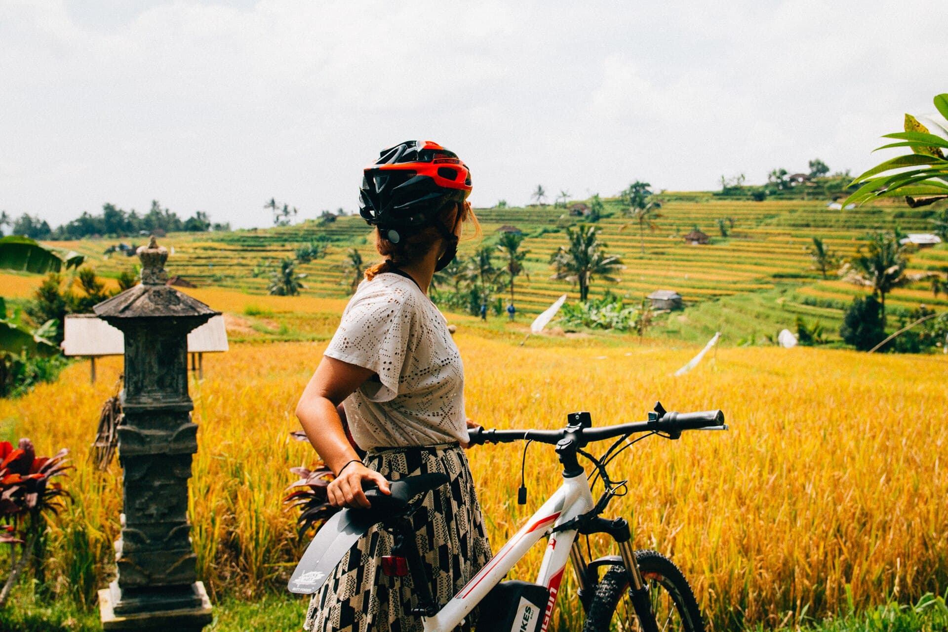 A rider standing beside a white electric mountain bike with a battery on the down tube, at the edge of golden rice terraces with palms behind.